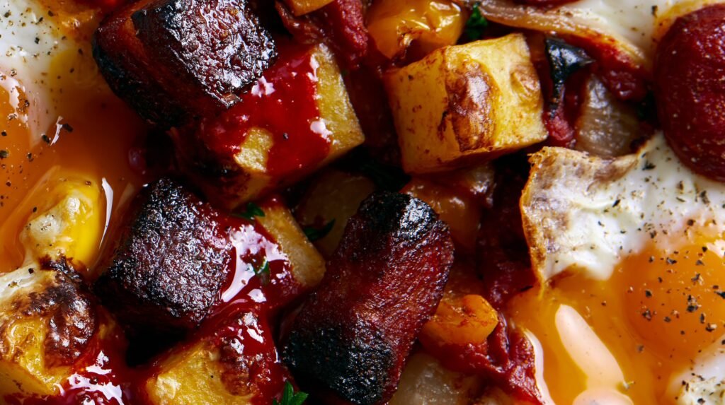 Crispy Potato, Chorizo & Baked Egg Skillet