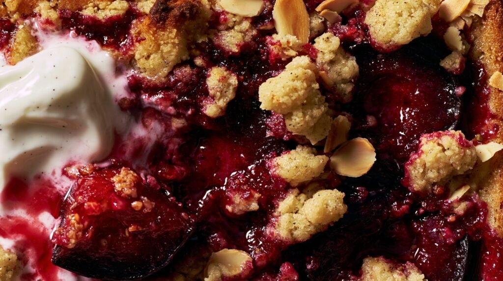 Roasted Plum & Almond Crumble Cake with Vanilla Cream