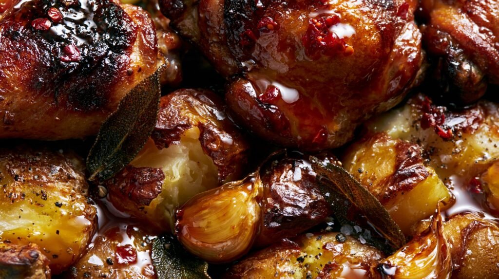 Sticky Maple-Chilli Chicken Thighs with Crispy Garlic Potatoes