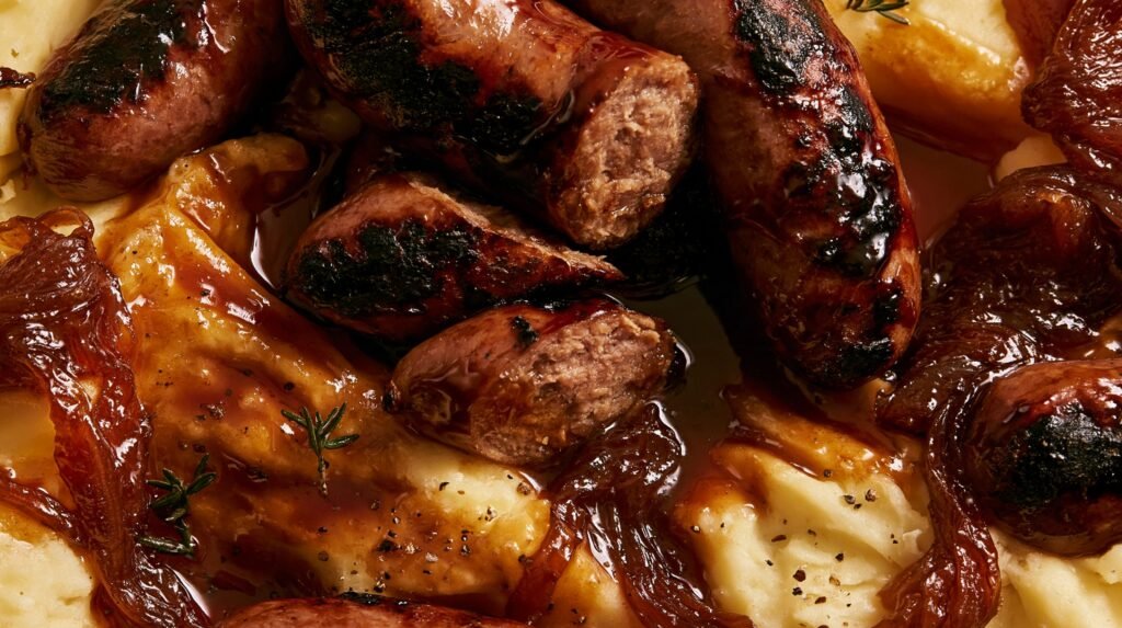 Sticky Balsamic Sausages with Caramelised Onion Mash