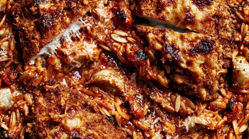 Crispy Parmesan Chicken with Roasted Garlic & Tomato Orzo