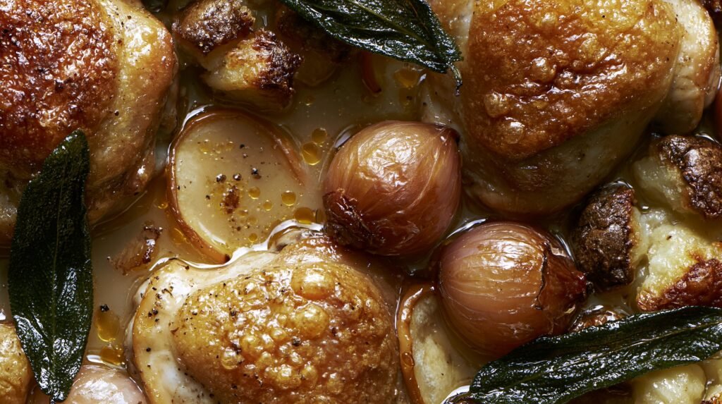 Apple Cider Chicken with Sage, Shallots & Crispy Potatoes