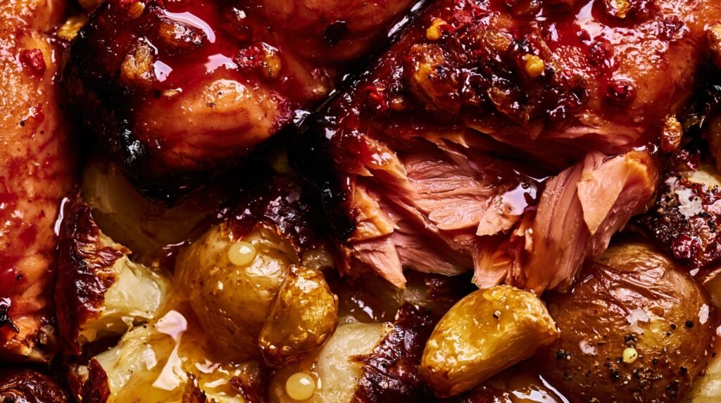 Hot Honey Garlic Salmon with Crispy Smashed Potatoes