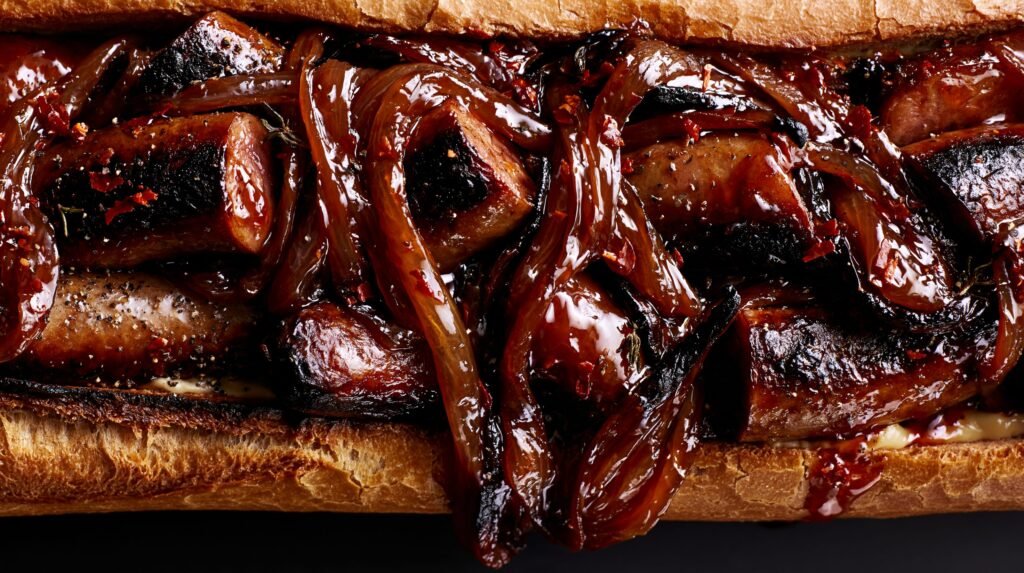 Sticky Maple-Chilli Sausage & Caramelised Onion Baguette