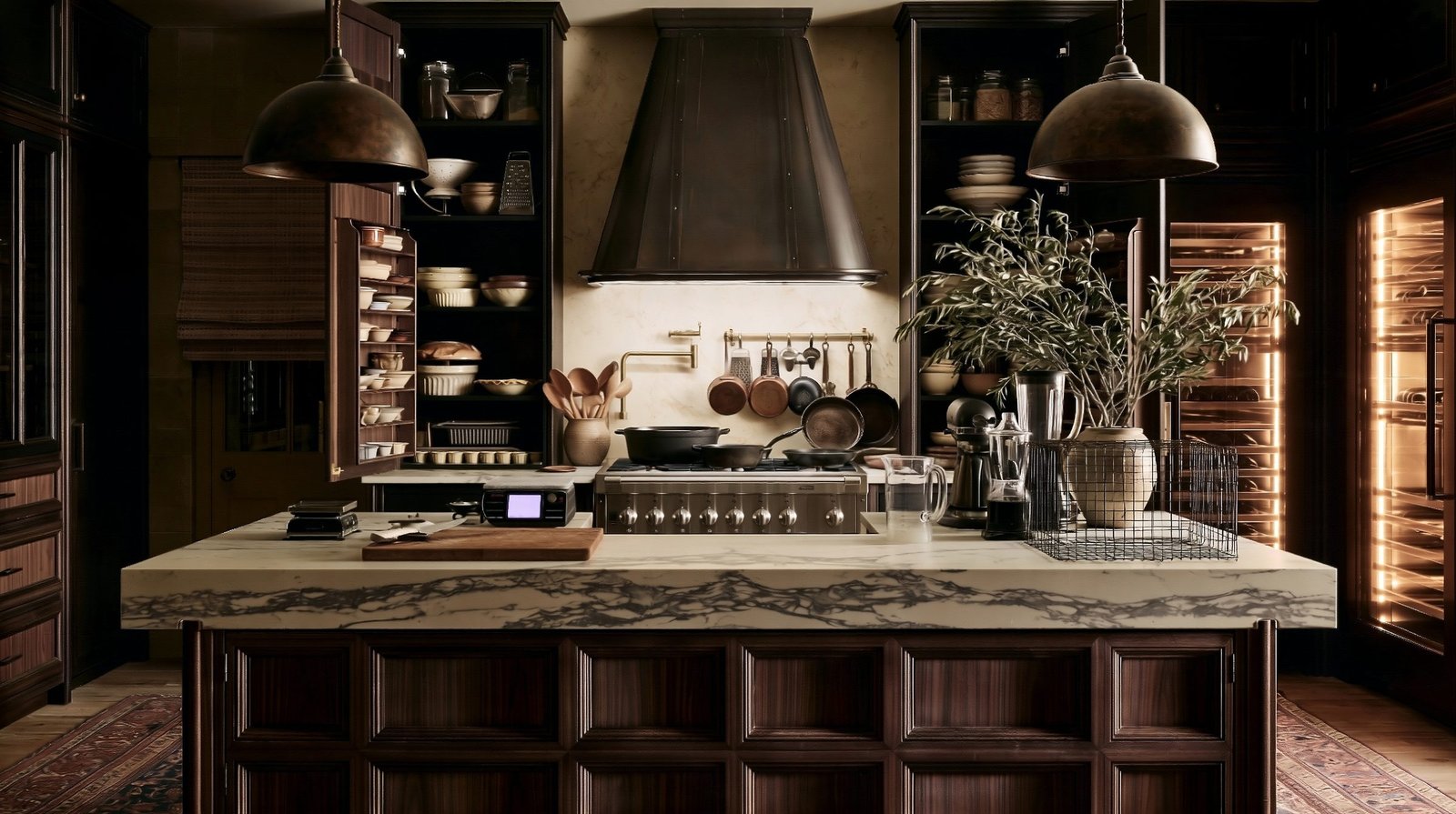 A dark walnut kitchen with a marble island, a range with pans on it and open cupboards of bowls and tins