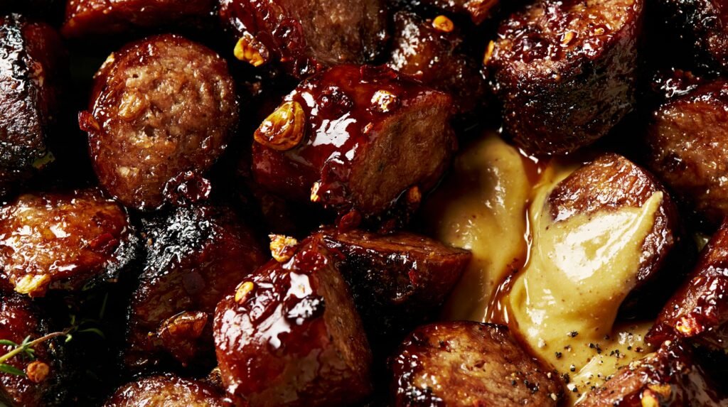 Maple-Chilli Sausage Bites with Mustard Dip